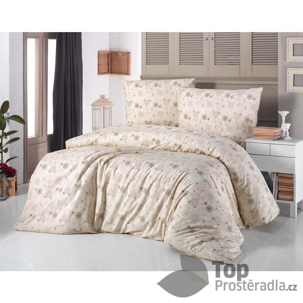 Prodloužené vánoční povlečení 140x220+70x90 VLOČKY na béžovém