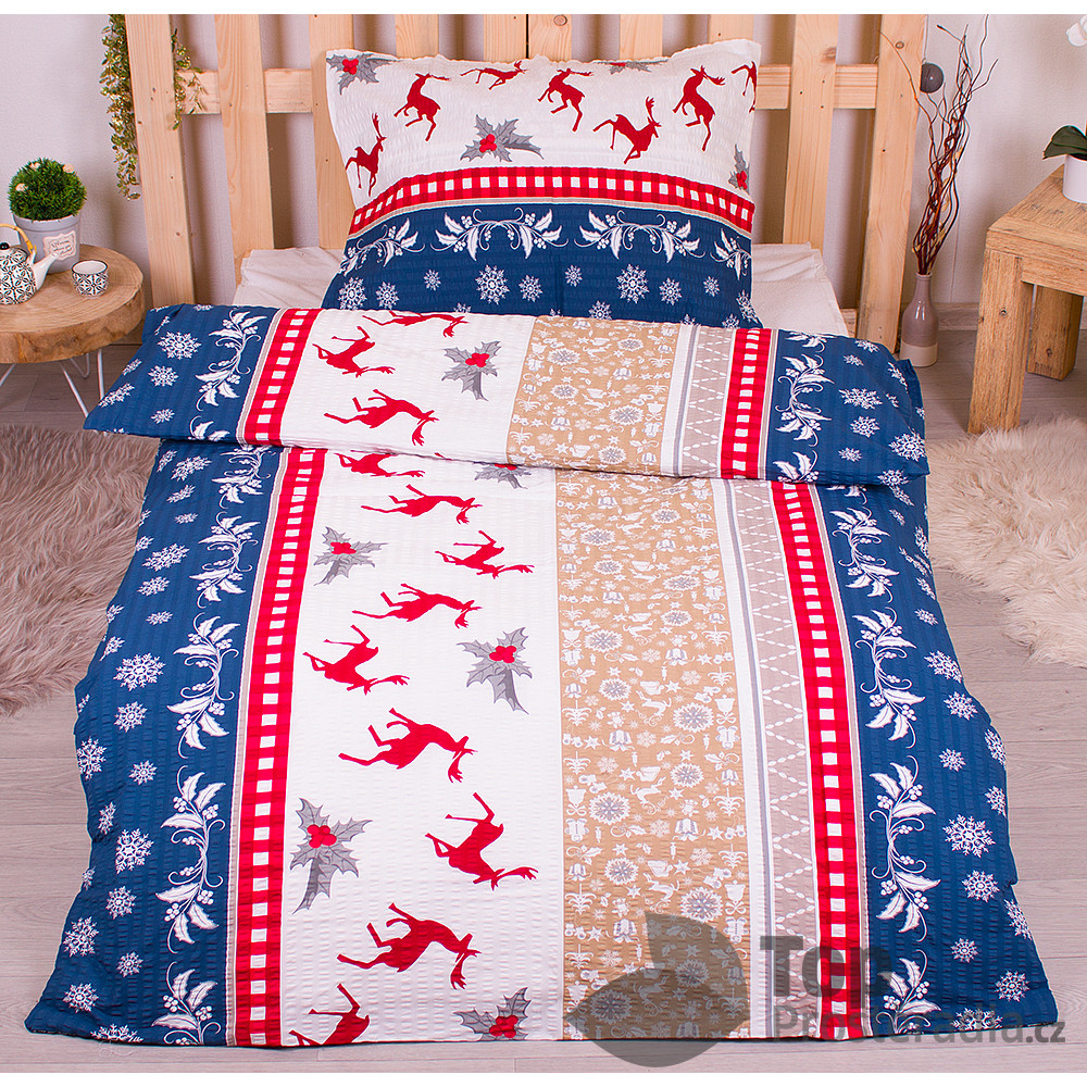 TOP Krepové povlečení 140x200+70x90 s vánočním motivem - Jelen a jalovec