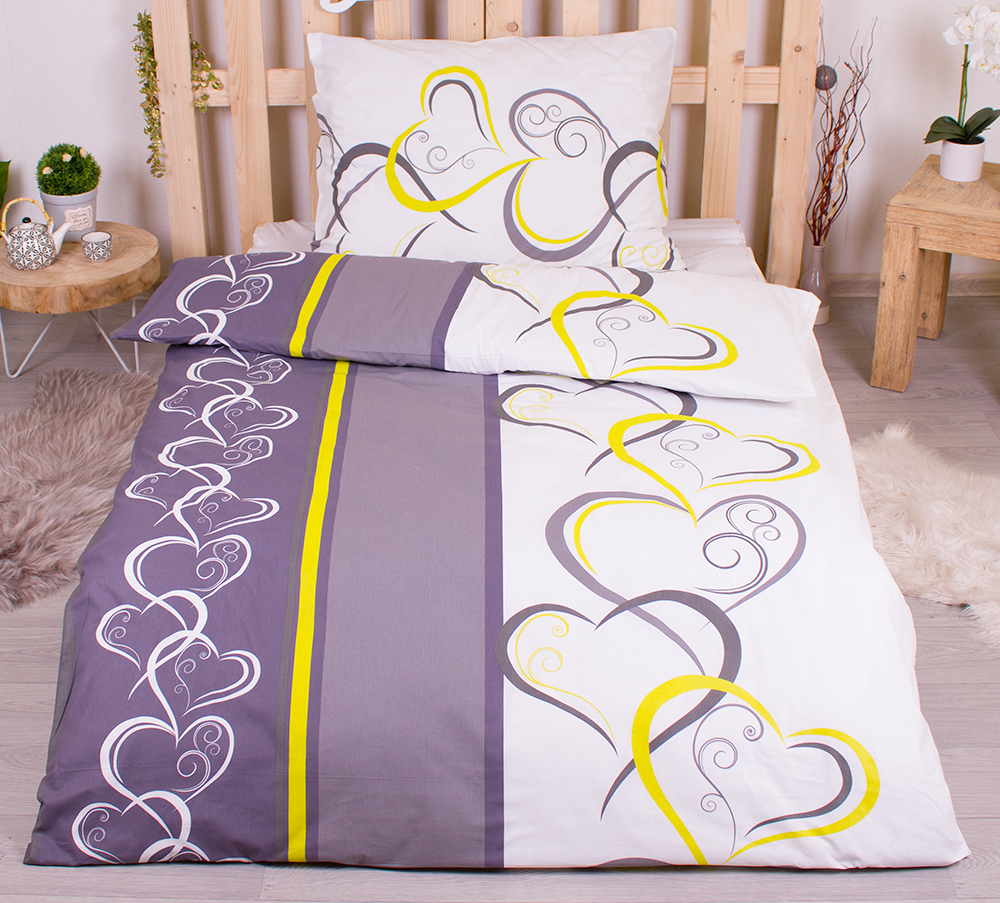 TP Prodloužené bavlněné povlečení 140x220+70x90 - Srdce žluto-zelená