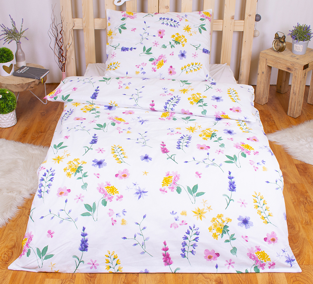 TP Prodloužené bavlněné povlečení 140x220+70x90 - Flora bílá