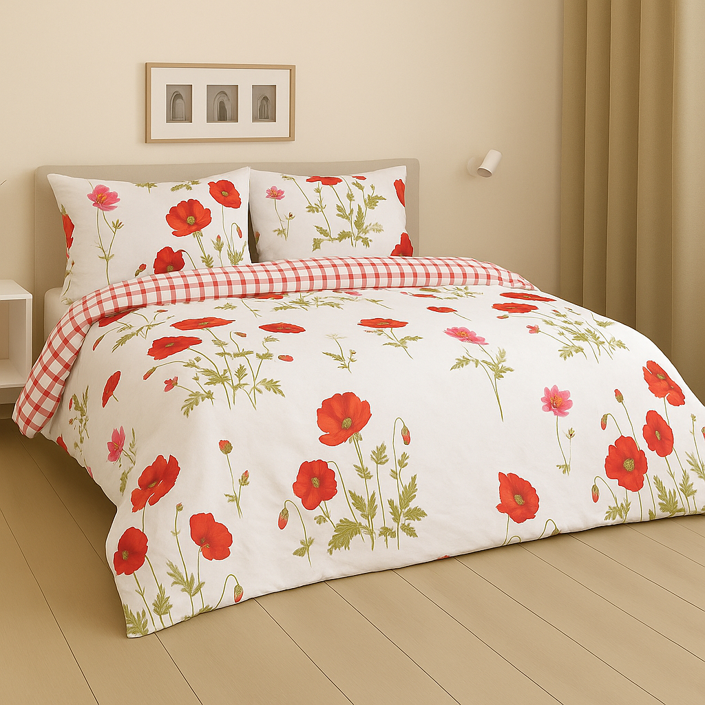 TP Povlečení bavlněný satén HIP DeLuxe 220x200+70x90 Vlčí máky červené