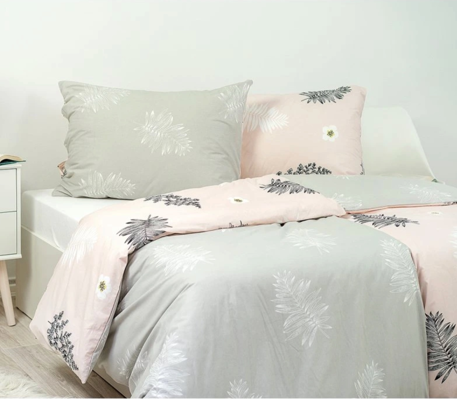 Krepové povlečení DELUXE 140x200+70x90 Kapradí růžovo-šedé