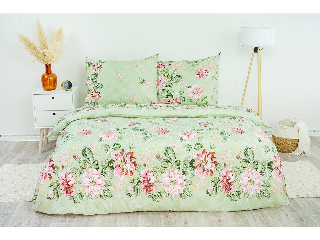 TP Francouzské bavlněné povlečení 220x200+2x70x90 Gerbery růžovo-zelené