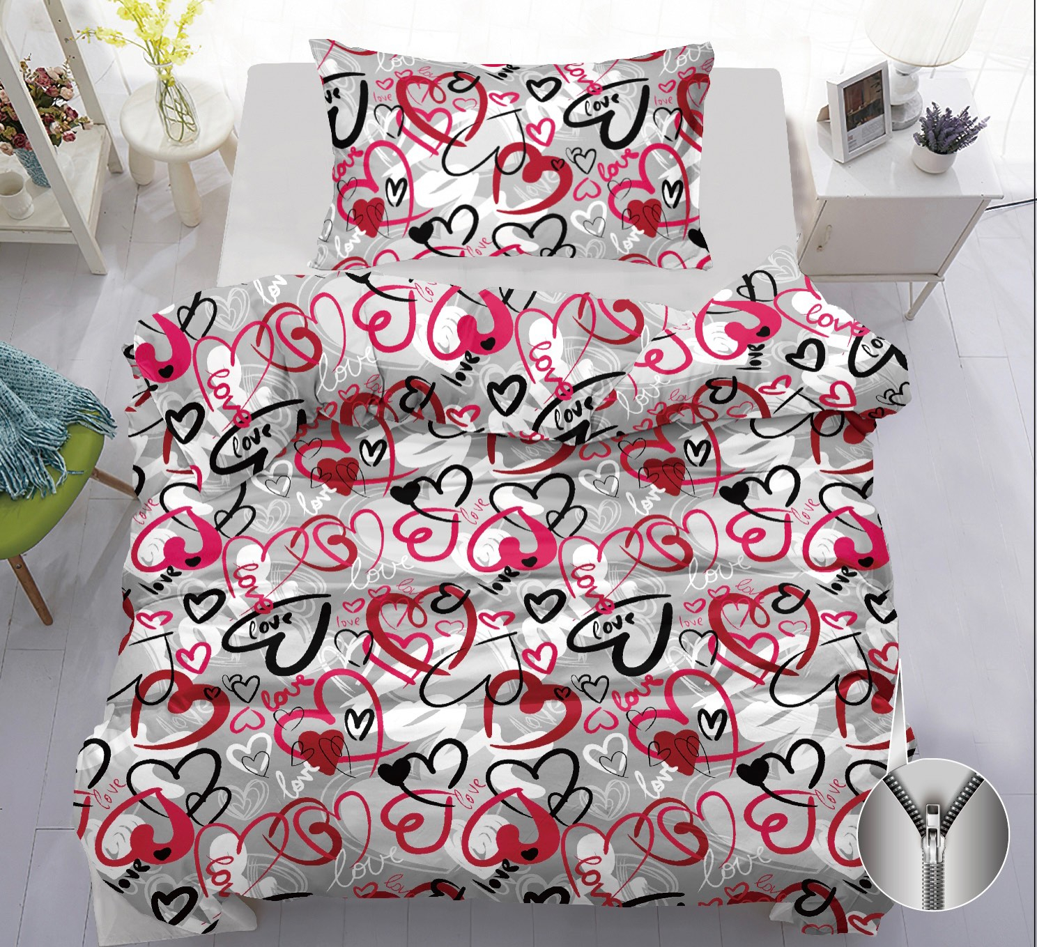 TP Hebké povlečení 140x200+70x90 Red-Black Hearts