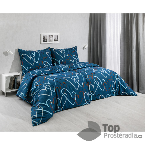 Flanelové povlečení 140x200+70x90 Srdce tmavě modré