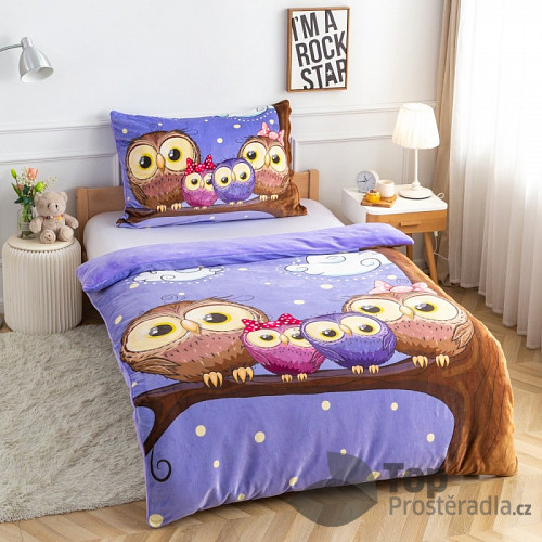 Mikroplyšové povlečení Premium 140x200+70x90 Sovičky