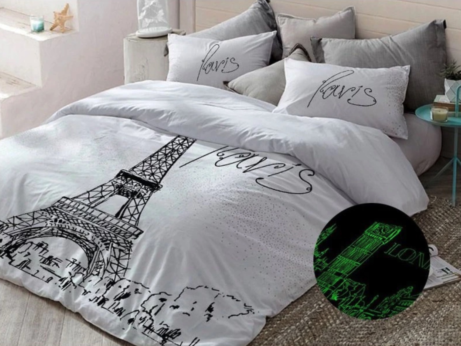Svítící bavlněné povlečení 140x200+70x90 Z Londýna do Paříže
