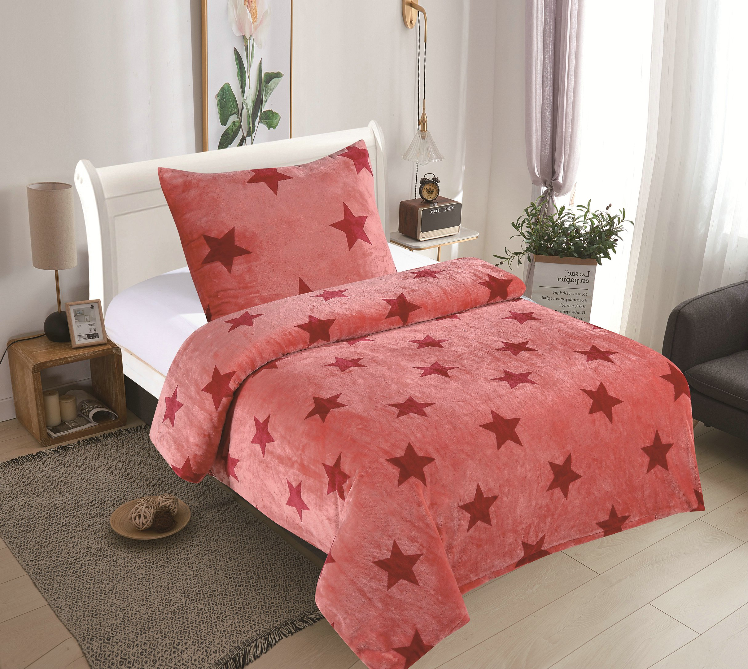 Mikroplyšové povlečení Premium 140x200+70x90 Stars růžové