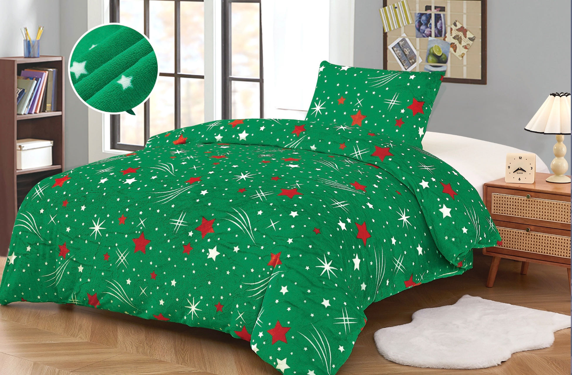 Mikroplyšové povlečení Premium 140x200+70x90 Komety zelené