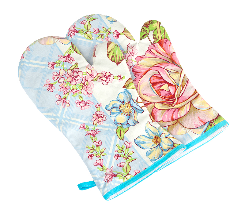 Fotografie Bellatex Grilovací rukavice Růže - sv.modrá, růžová, 22 x 46 cm, 2 ks