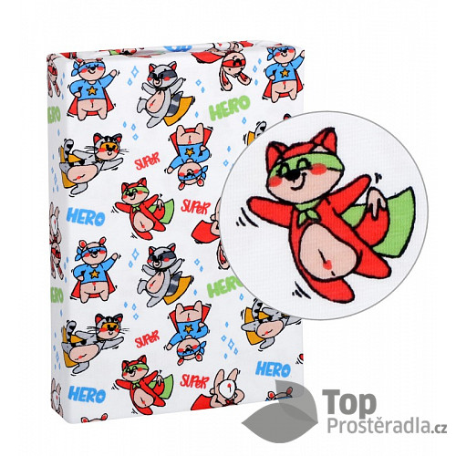Prostěradlo jersey s elastanem 90x200 Superhrdina liška, mýval, kočka