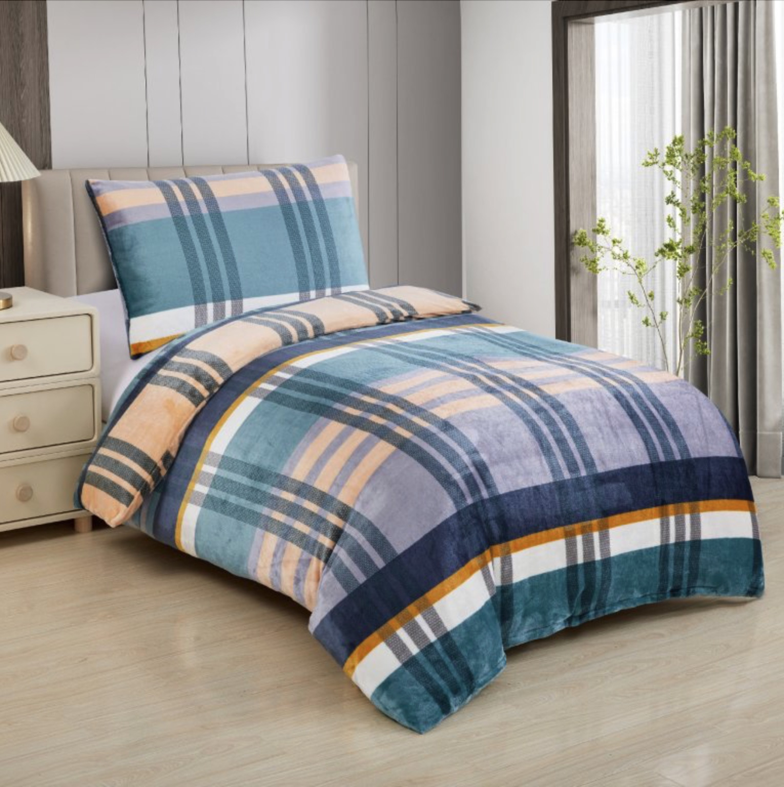 Mikroplyšové povlečení Premium 140x200+70x90 Modré káro