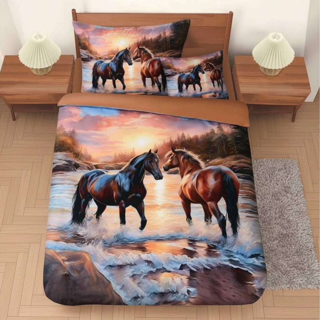 TOP Třídílná sada 3D povlečení 140x200+70x90+45x45 Koně při soumraku