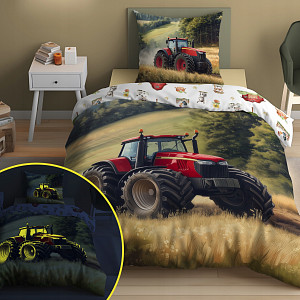 Svítící bavlněné povlečení 140x200+70x80 Červený traktor
