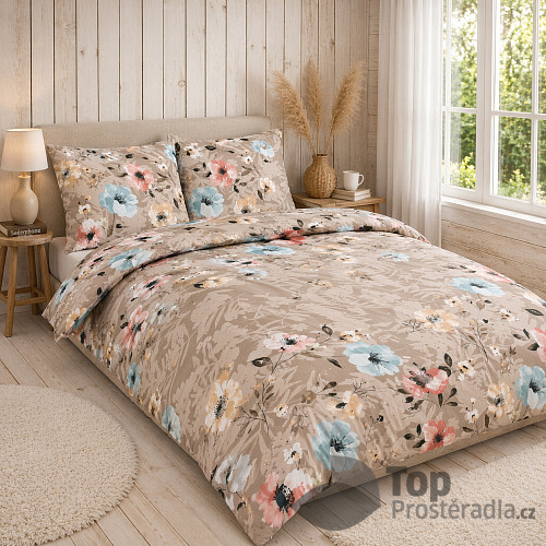 Bavlněné povlečení Deluxe 140x200+70x90 Máky hnědé