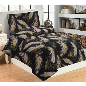 Mikroplyšové povlečení Premium 140x200+70x90 Černozlatá pírka