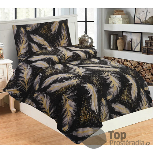 Mikroplyšové povlečení Premium 140x200+70x90 Černozlatá pírka