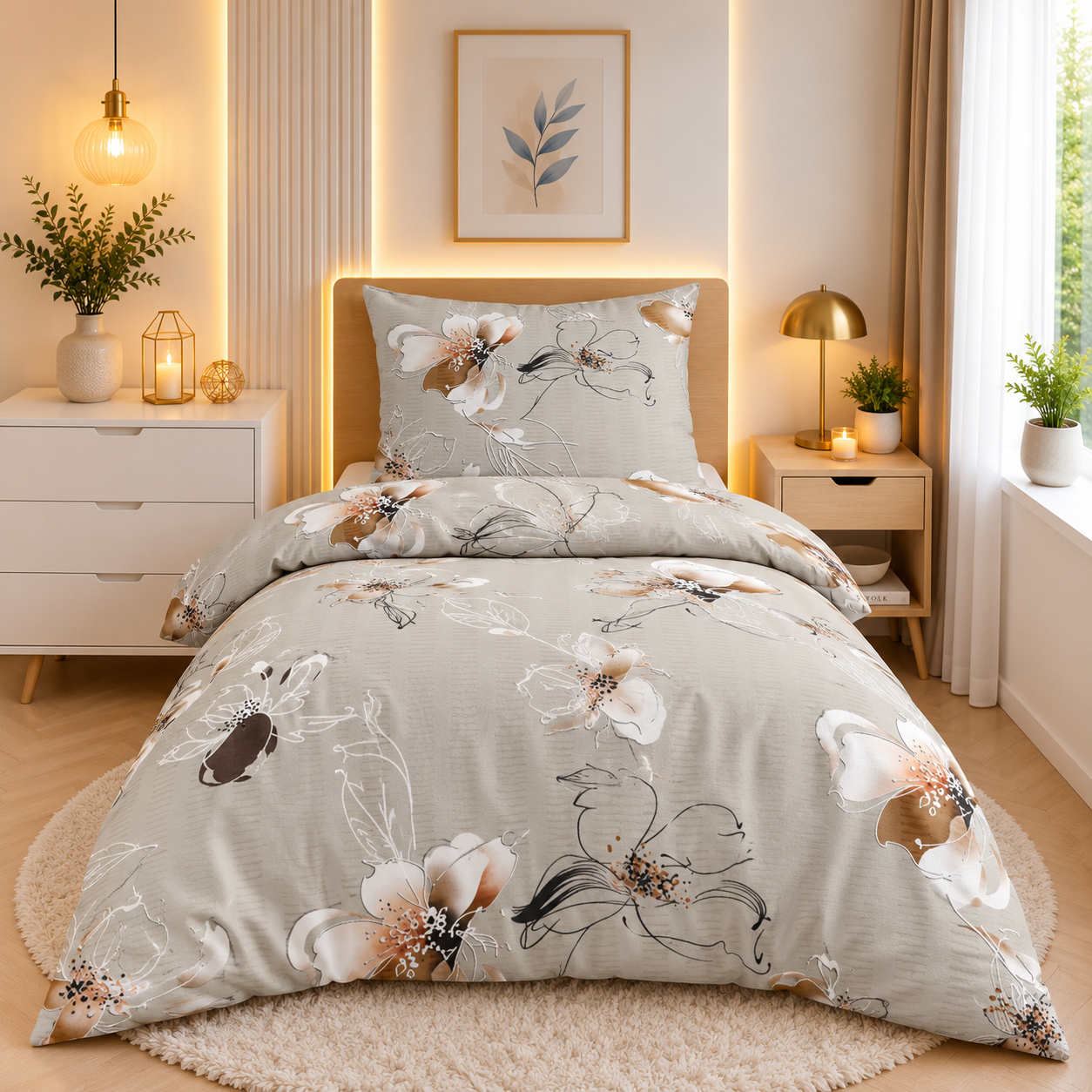 Bavlněné povlečení KLASIK 140x200+70x90 Clematis šedý