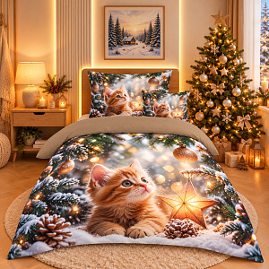 Třídílná sada 3D povlečení 140x200+70x90+45x45 Vánoční kotě