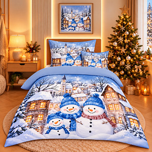 Třídílná sada 3D povlečení 140x200+70x90+45x45 Sněhová rodinka