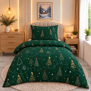 Mikroplyšové povlečení Premium 140x200+70x90 Vánoční stromečky zelené