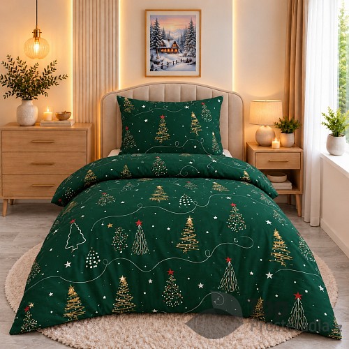 Mikroplyšové povlečení Premium 140x200+70x90 Vánoční stromečky zelené
