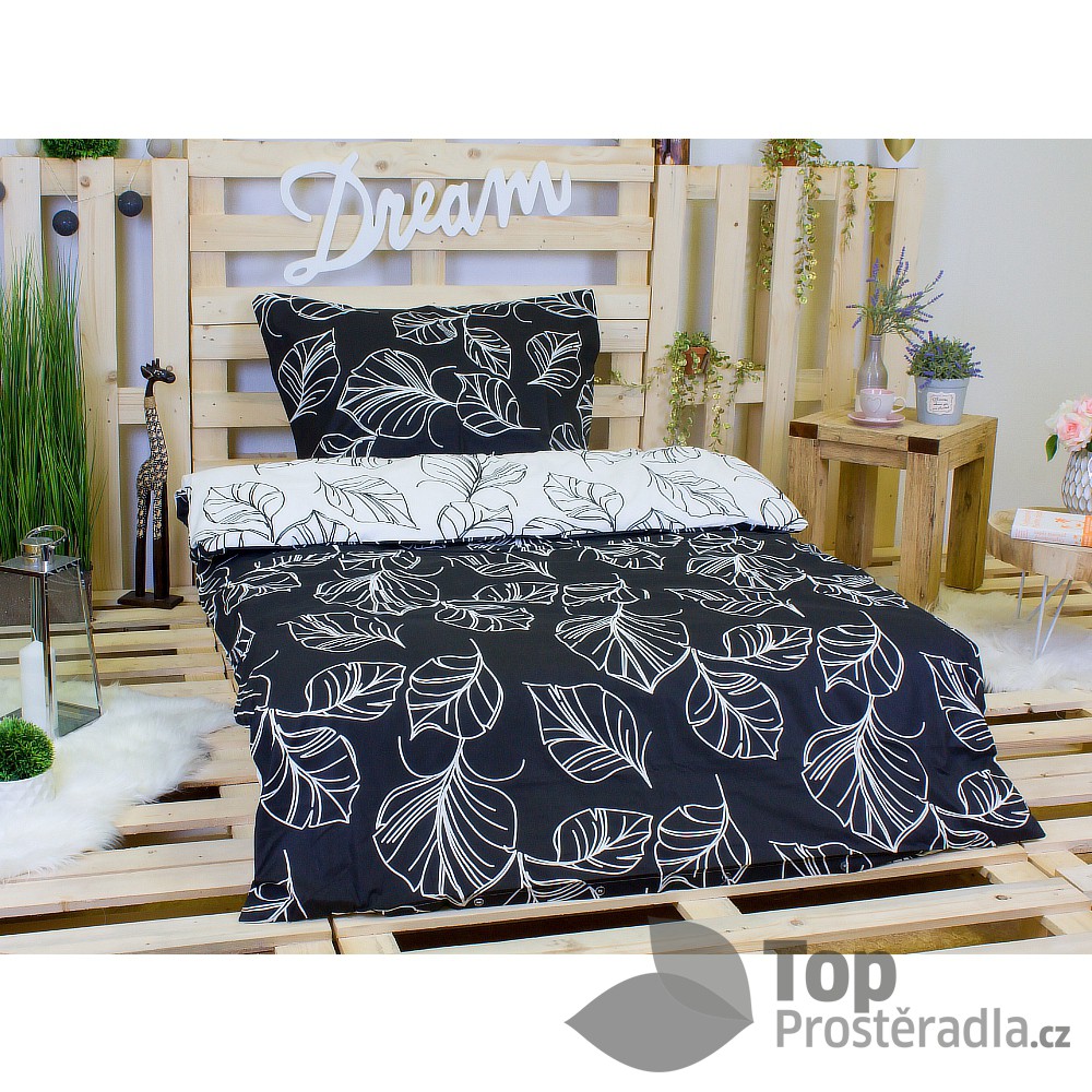 TOP Bavlněné povlečení listy černo-bílé 140x220 70x90