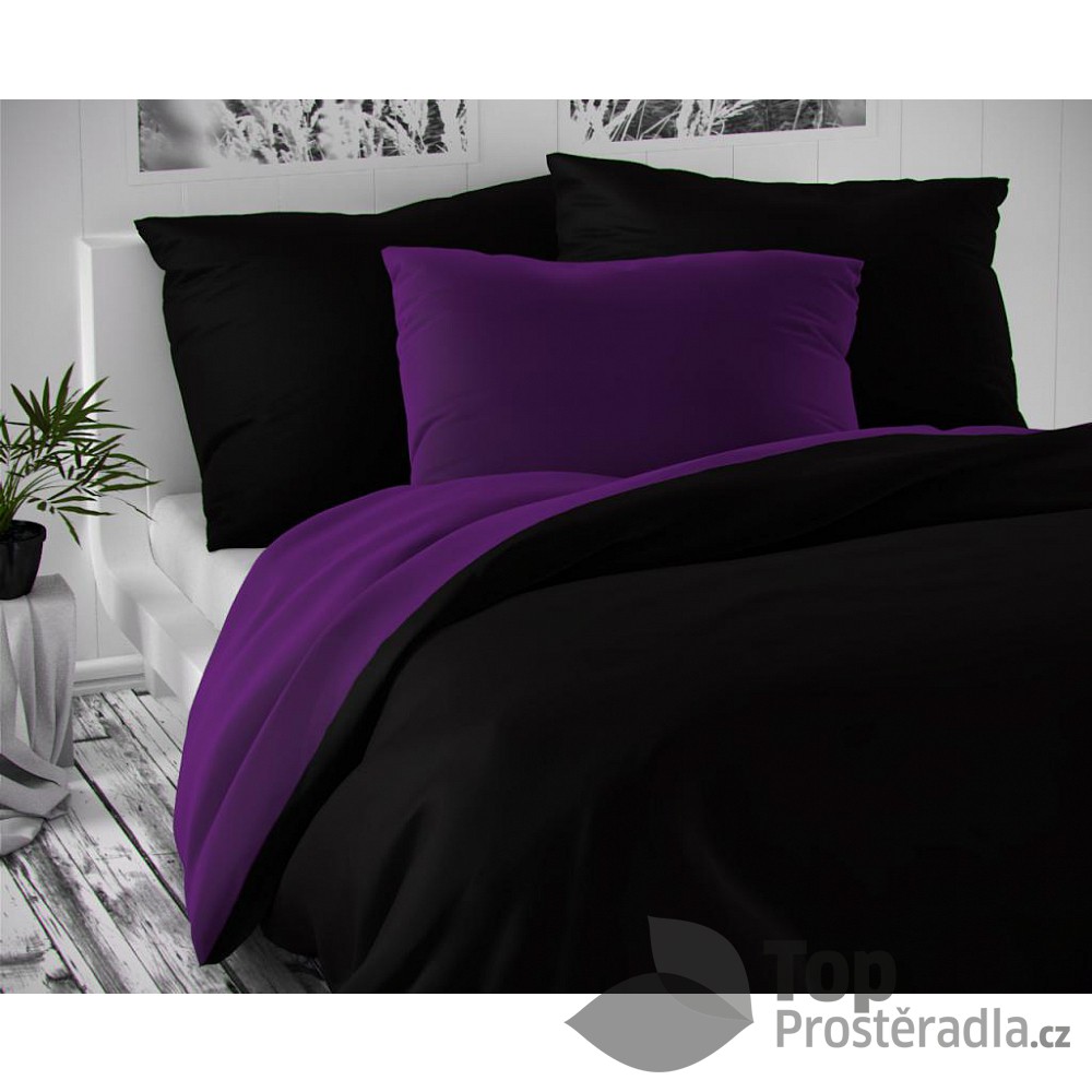 TOP Saténové francouzské povlečení LUXURY COLLECTION 220x200+2x70x90cm černé / tmavě fialové