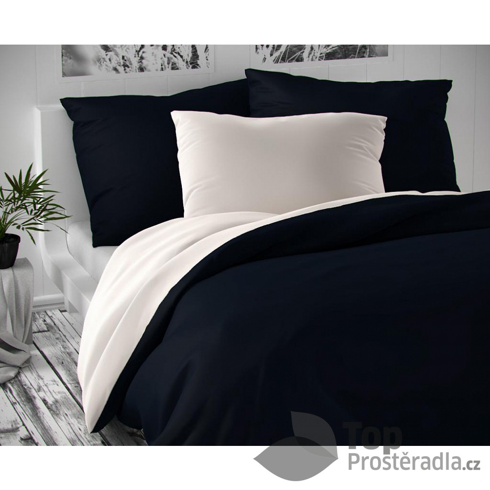 TOP Saténové povlečení LUXURY COLLECTION 140x220+70x90cm bílé / tmavě modré