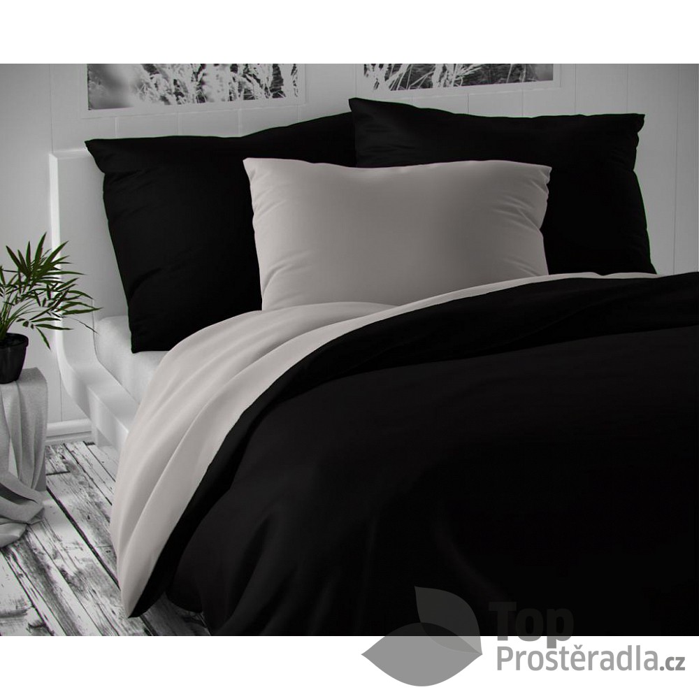 TOP Saténové prodloužené povlečení LUXURY COLLECTION 140x220+70x90cm černé / světle šedá