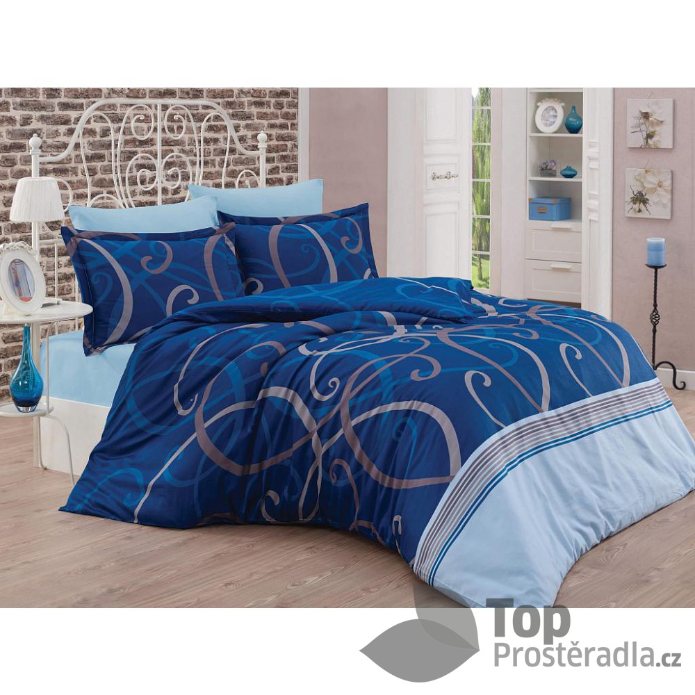 TOP Saténové francouzské povlečení LUXURY COLLECTION 220x200+2x70x90cm Waves modré