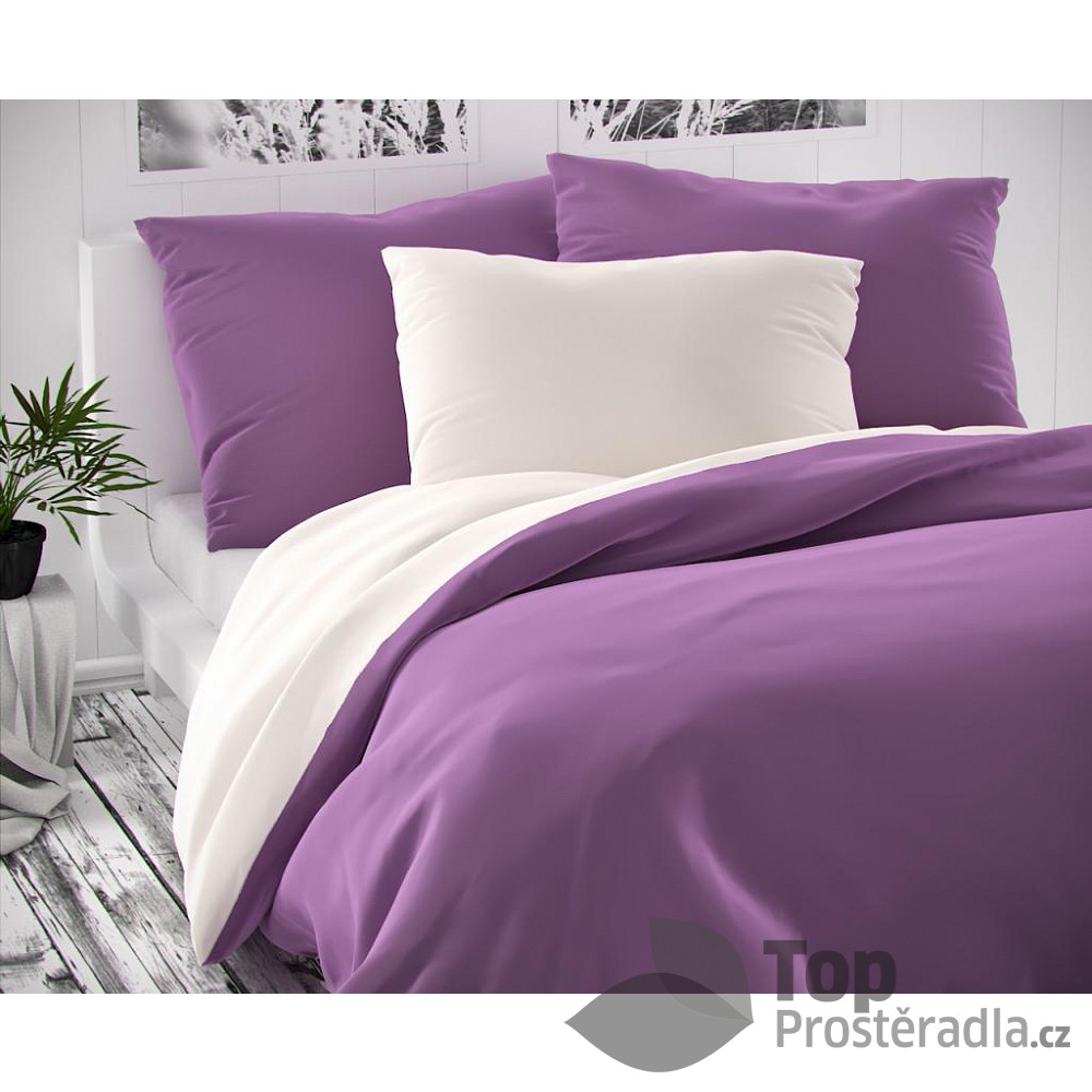 TOP Saténové prodloužené povlečení LUXURY COLLECTION 140x220+70x90cm bílé / fialové