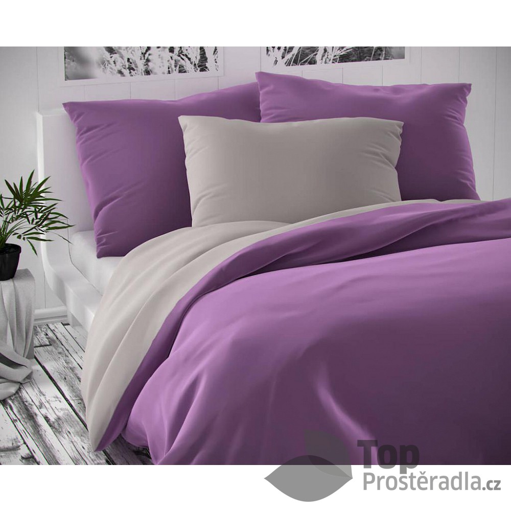 TOP Saténové prodloužené povlečení LUXURY COLLECTION 140x220+70x90cm světle šedé / fialové