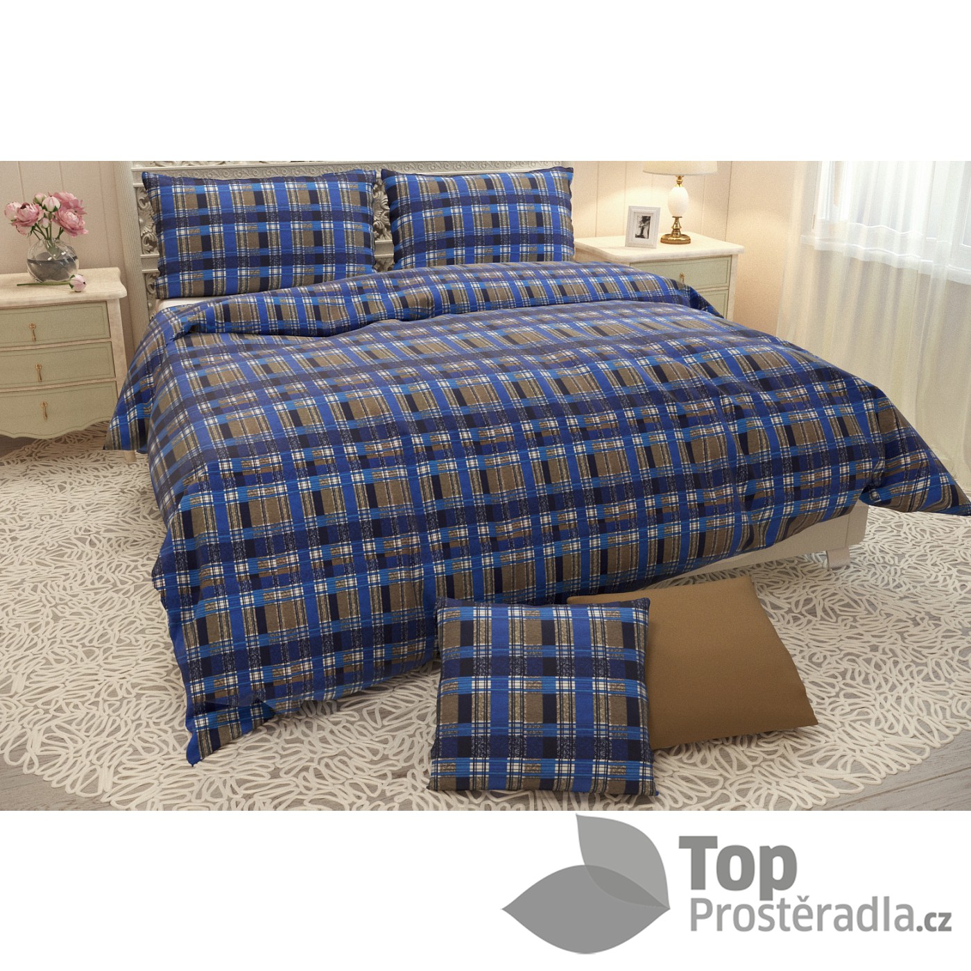 TOP FLANELOVÉ POVLEČENÍ EXCLUSIVE 140x200+70x90 - Karo modro-hnědé