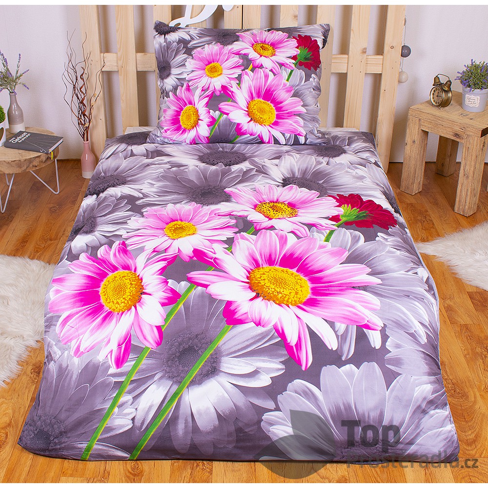 TP 3D povlečení 140x200 + 70x90 - Růžové kopretiny