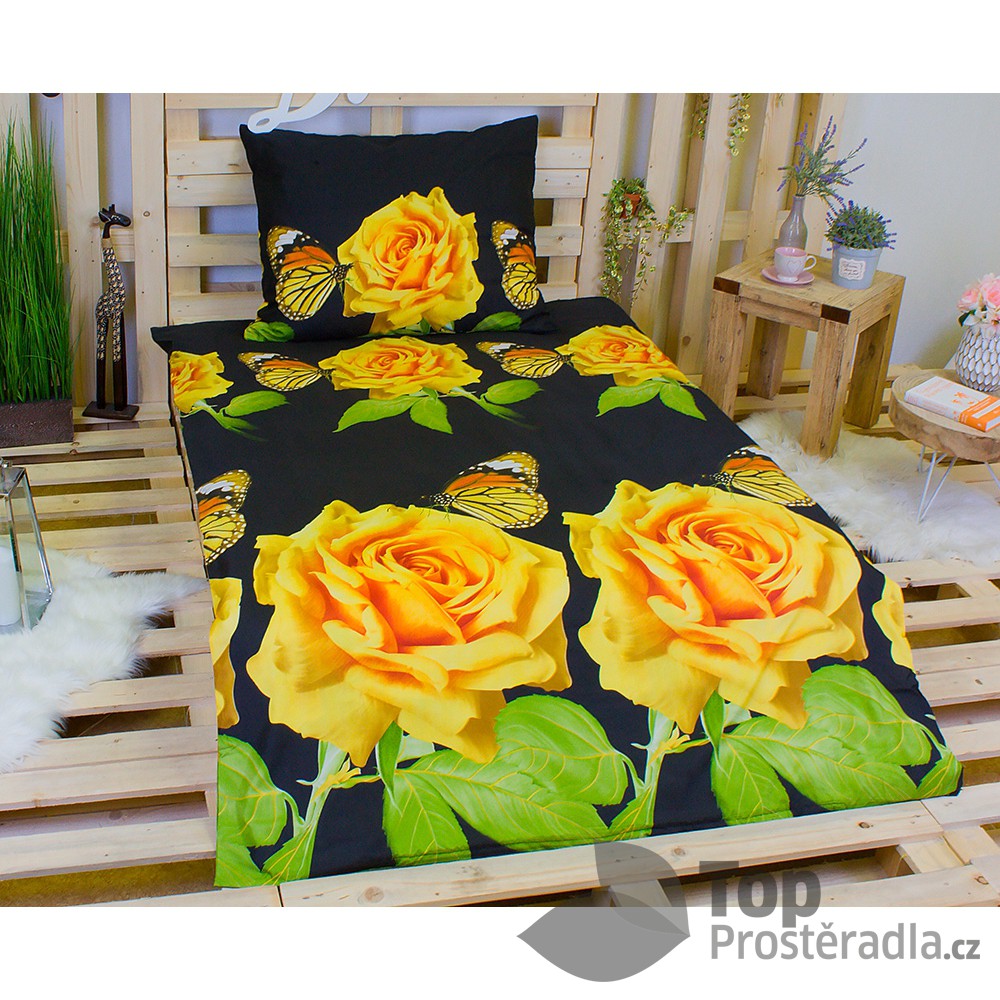 3D povlečení na dvě lůžka 140x200 + 70x90 - Žluté růže s motýlkem