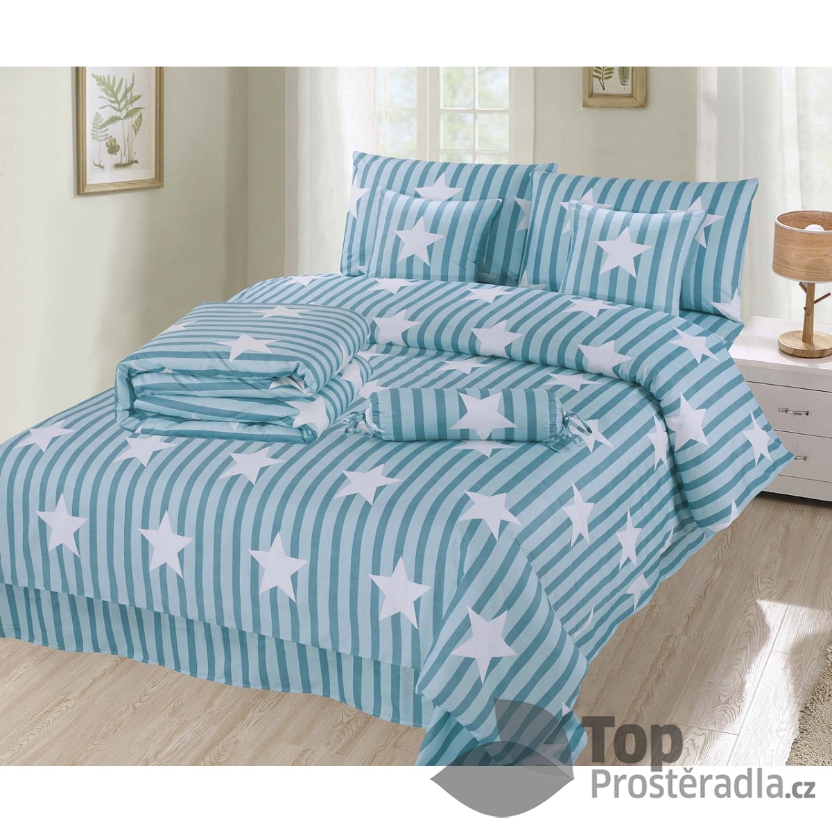 TOP Osmidílná sada povlečení na 2 lůžka 140x200+70x90 Tyrkys
