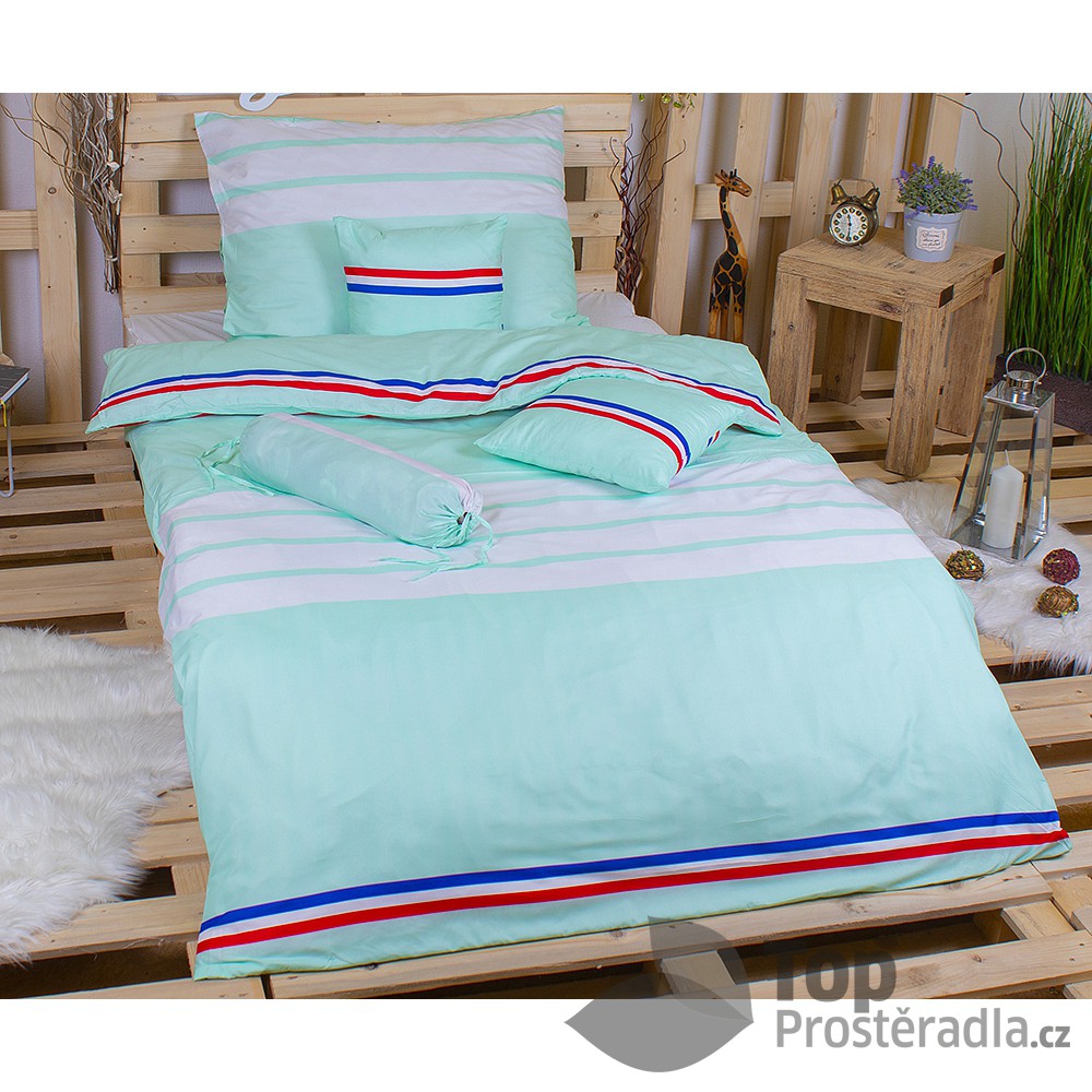 TOP Osmidílná sada povlečení na 2 lůžka 140x200+70x90 Trikolora pastelová zelená