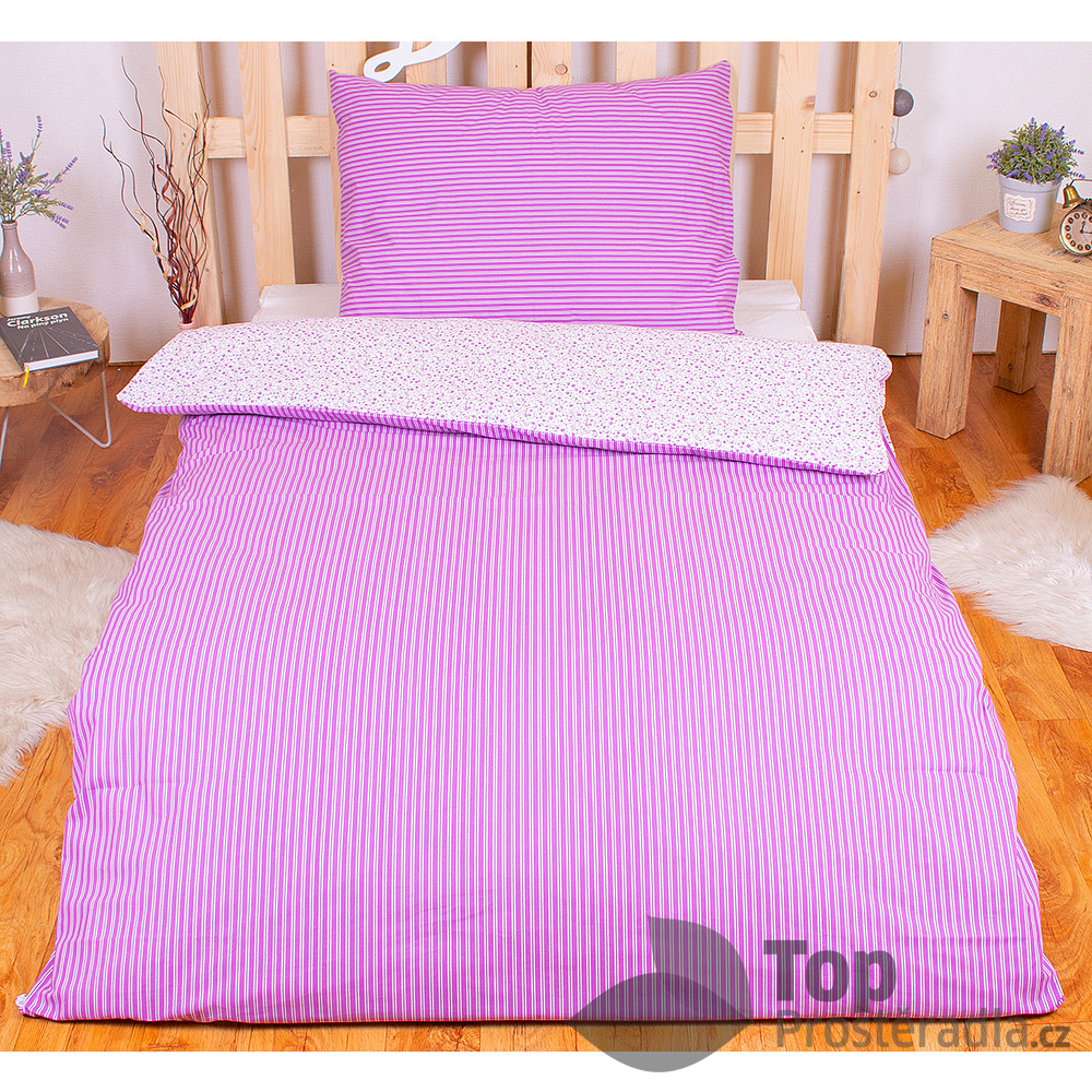 Krepové povlečení DELUXE 140x200+70x90 kvítek-pruh fialový
