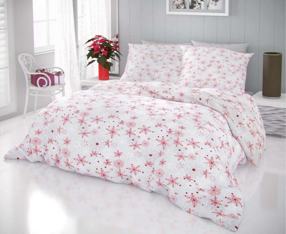 TP Prodloužené vánoční povlečení 140x220+70x90 VLOČKY červenošedé