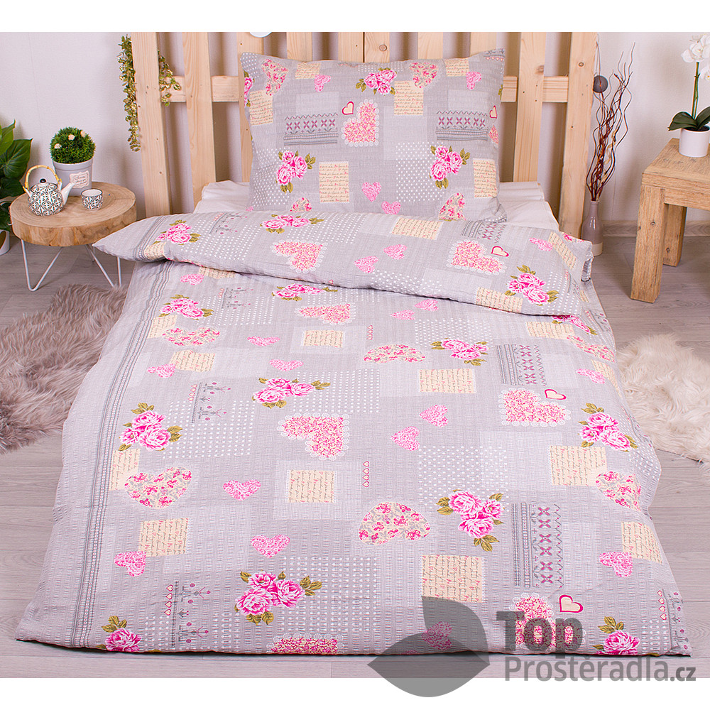 TOP Krepové povlečení 140x200+70x90 - Růže šedo-růžové