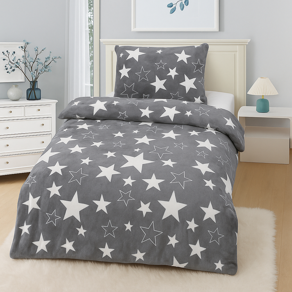 TP Mikroflanelové povlečení 70x90+140x200 - Hvězdy v šedém